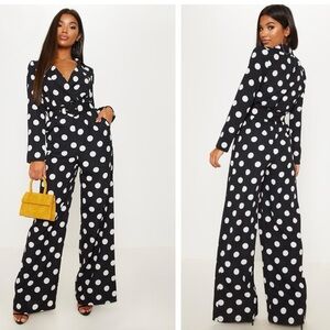 PrettyLittleThing Polka Dot Wide Leg Black Jumpsuit w/ Collar Sleeves Belt UK 8